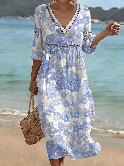 Womens Plus Size V-Neck Dress Digital Print A-Line Midi Dress