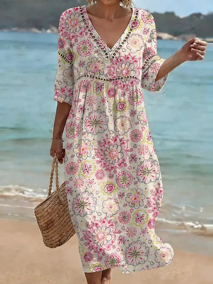 Womens Plus Size V-Neck Dress Digital Print A-Line Midi Dress