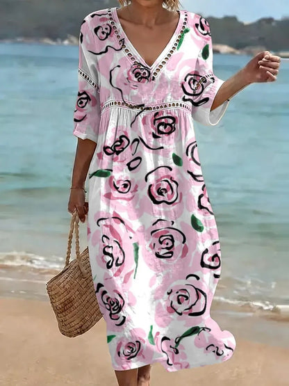 Womens Plus Size V-Neck Dress Digital Print A-Line Midi Dress