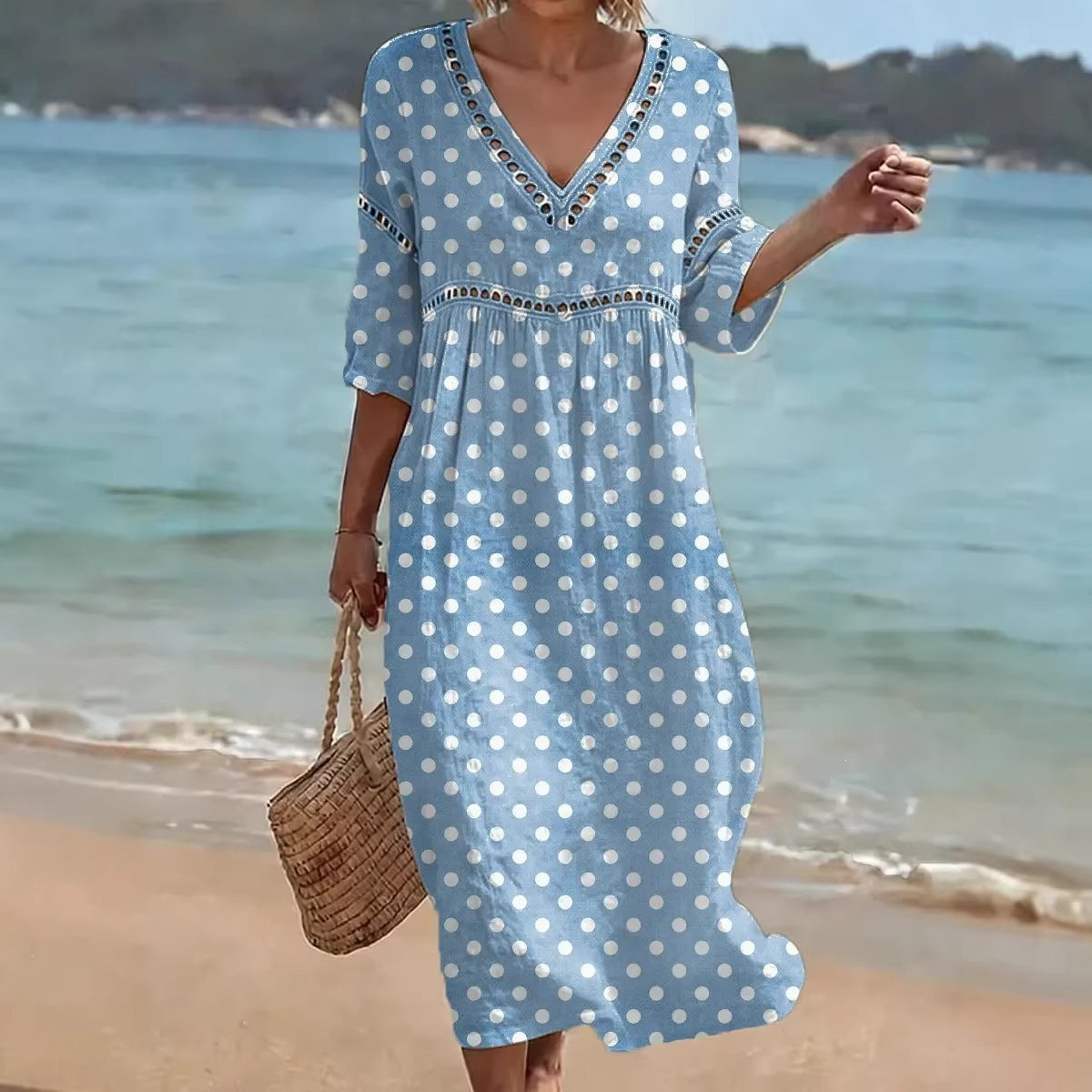 Womens Plus Size V-Neck Dress Digital Print A-Line Midi Dress