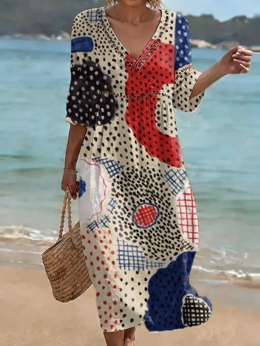 Womens Plus Size V-Neck Dress Digital Print A-Line Midi Dress