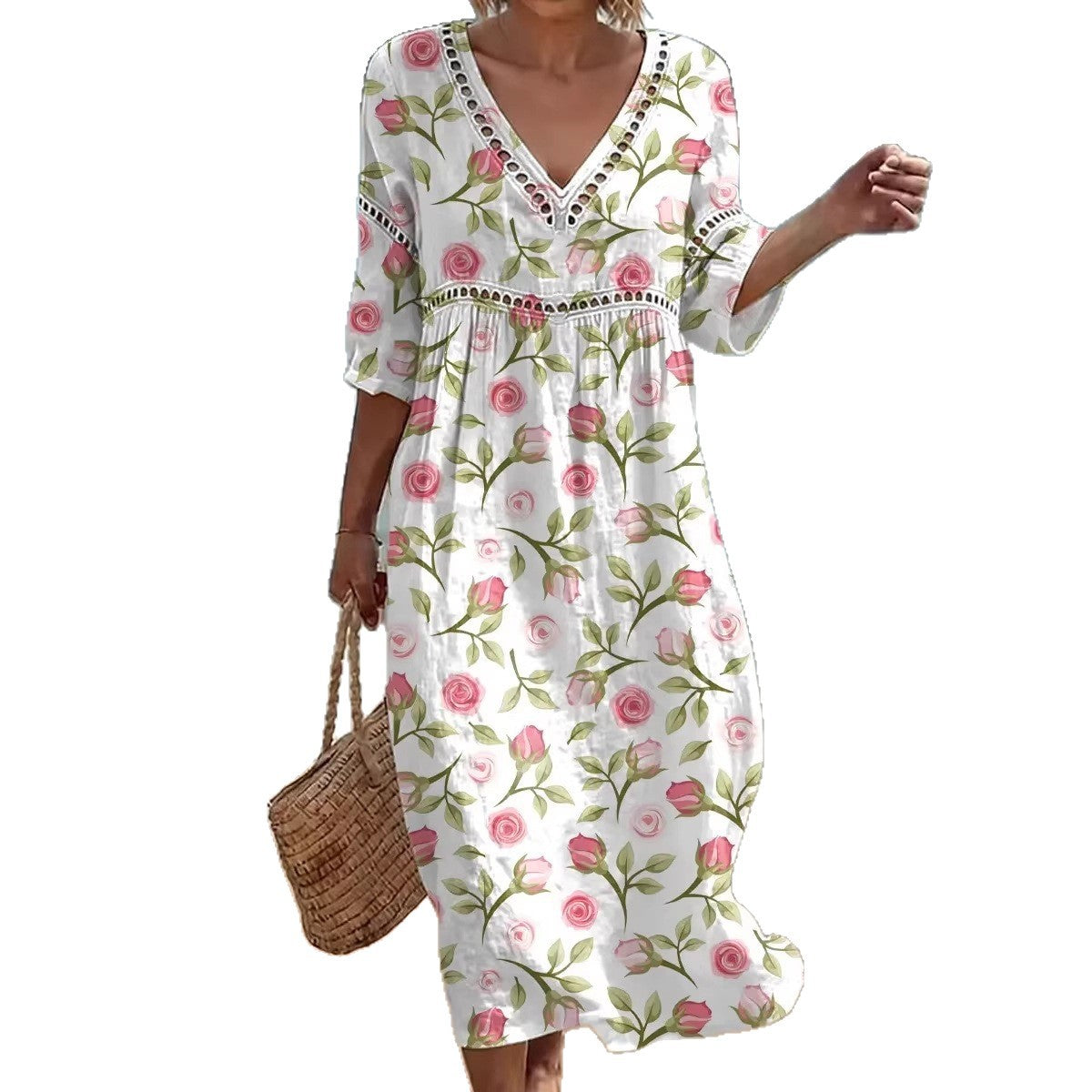 Womens Plus Size V-Neck Dress Digital Print A-Line Midi Dress