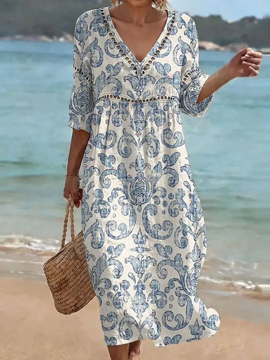 Womens Plus Size V-Neck Dress Digital Print A-Line Midi Dress