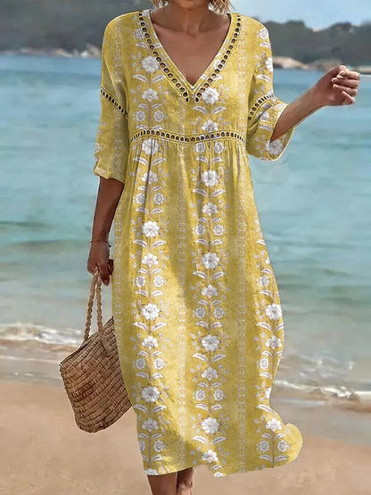 Womens Plus Size V-Neck Dress Digital Print A-Line Midi Dress