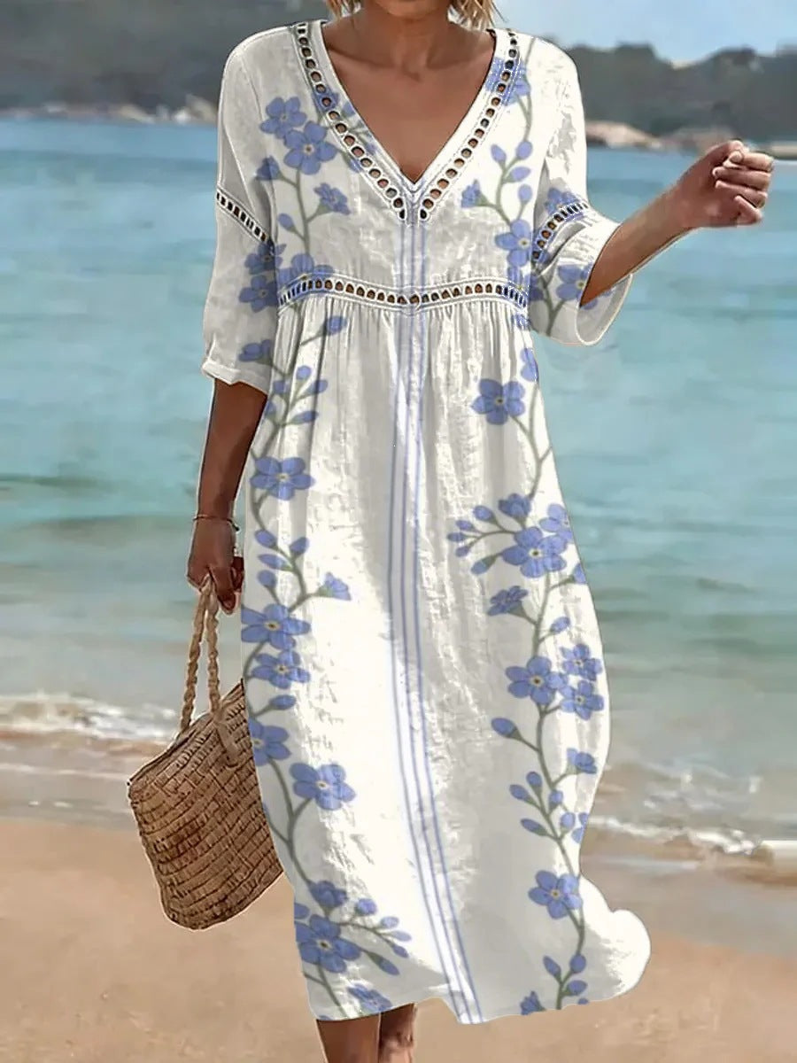Womens Plus Size V-Neck Dress Digital Print A-Line Midi Dress