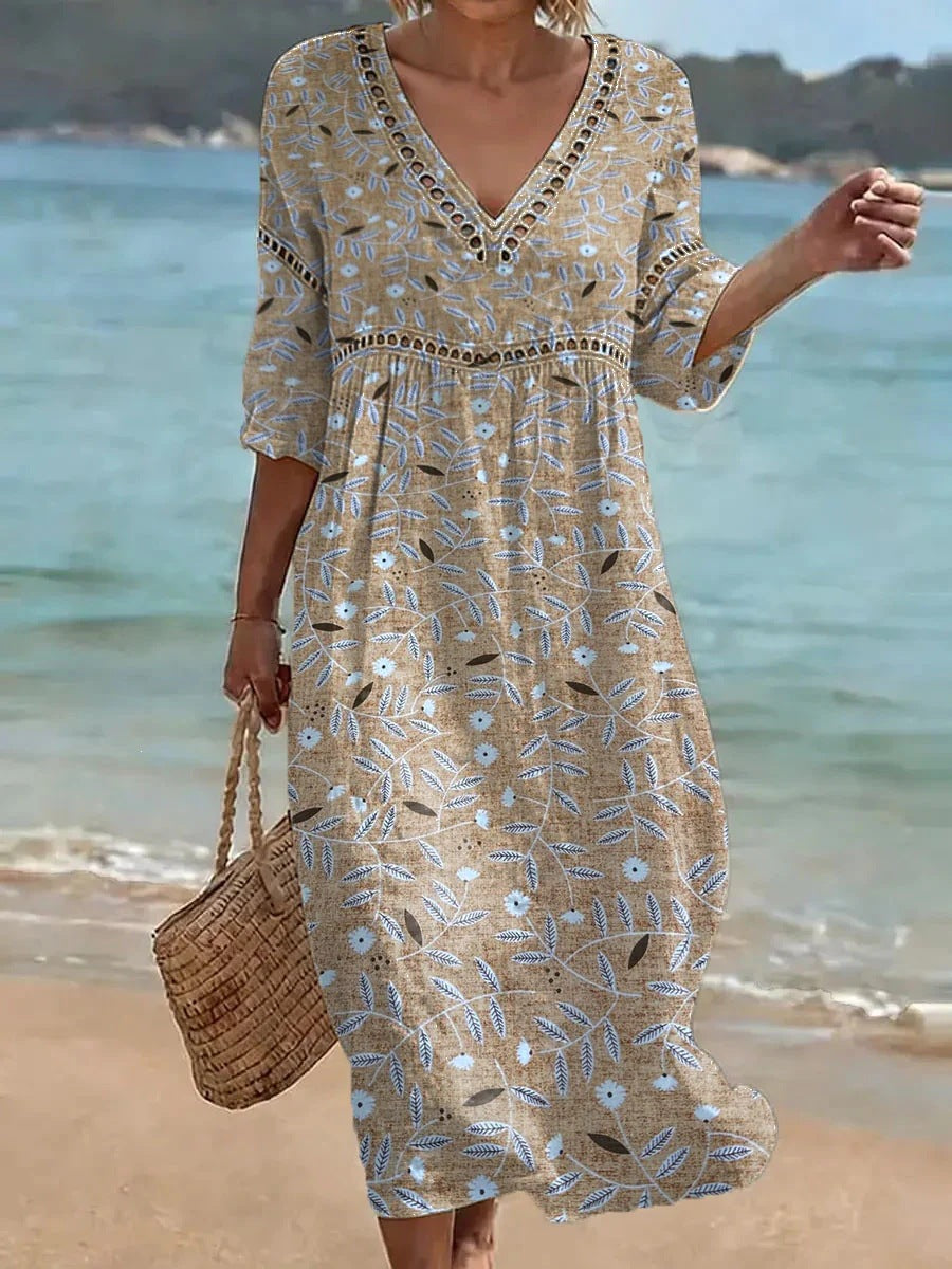 Womens Plus Size V-Neck Dress Digital Print A-Line Midi Dress