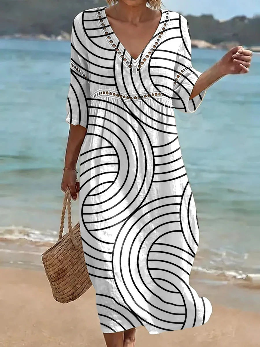 Womens Plus Size V-Neck Dress Digital Print A-Line Midi Dress
