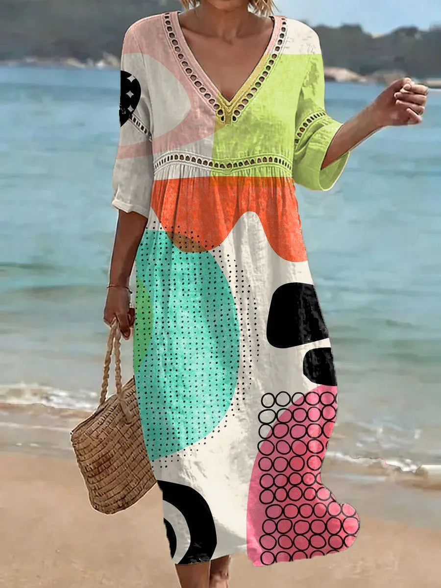 Womens Plus Size V-Neck Dress Digital Print A-Line Midi Dress