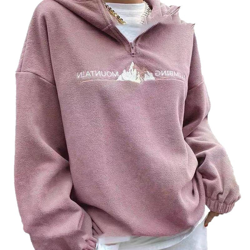 Womens Plush Hooded Embroidered Sweatshirt