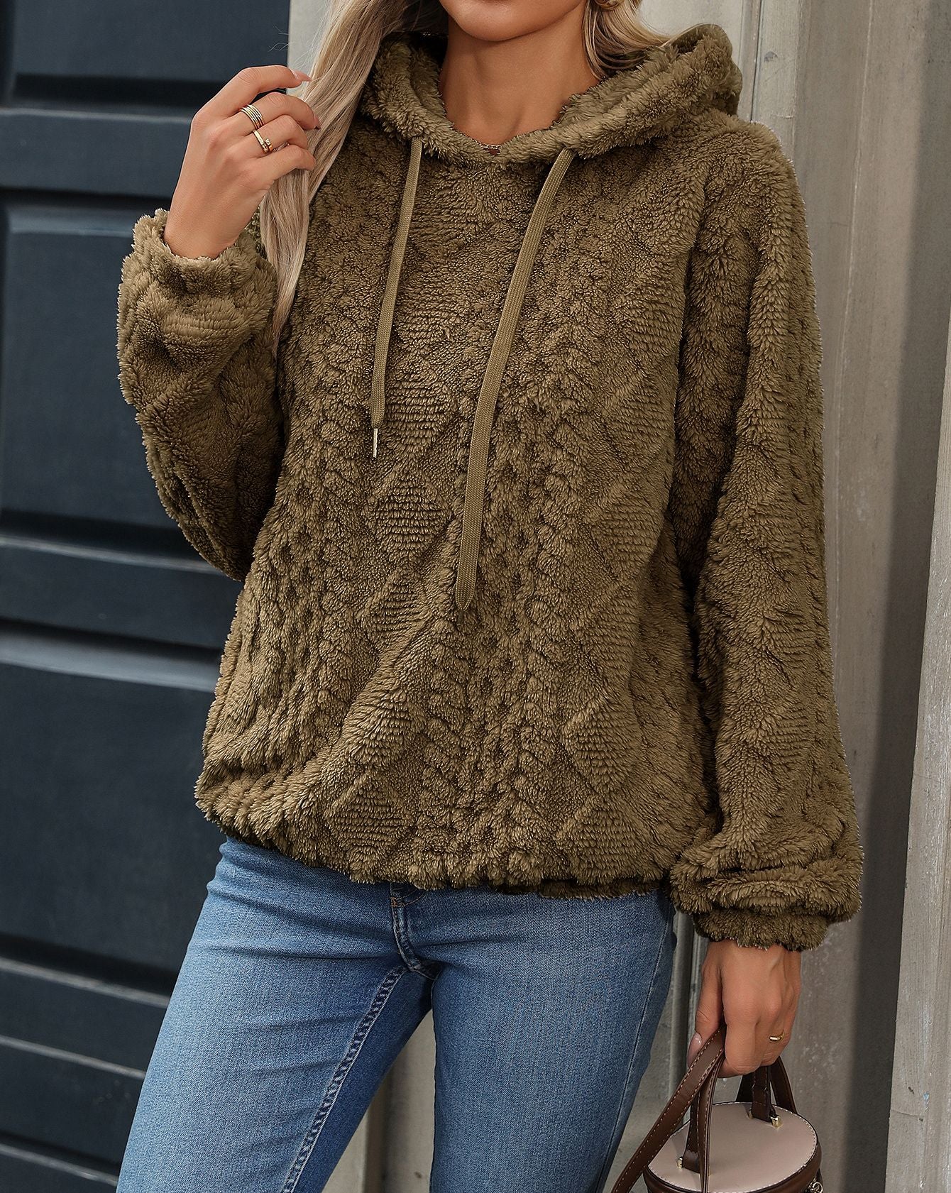 Womens Plush Jacquard Hooded Sweatshirt