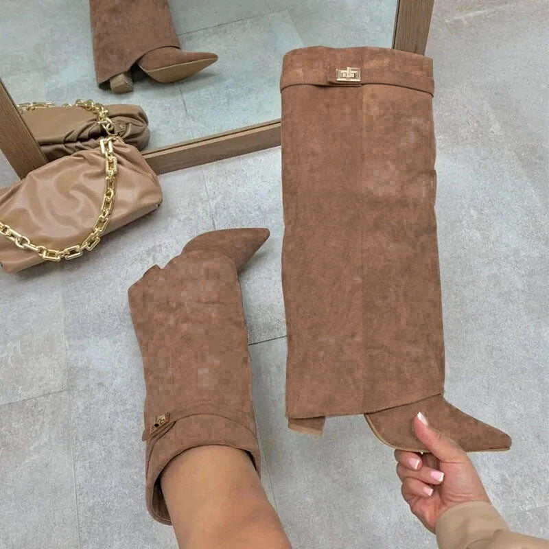 Womens Pointed Toe High Shaft Boots with Metal Buckle