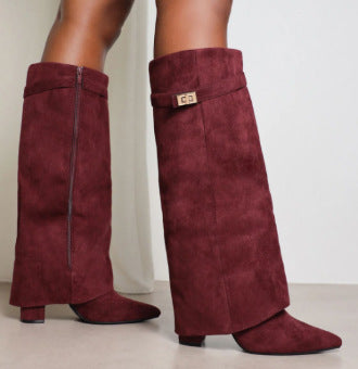 Womens Pointed Toe High Shaft Boots with Metal Buckle