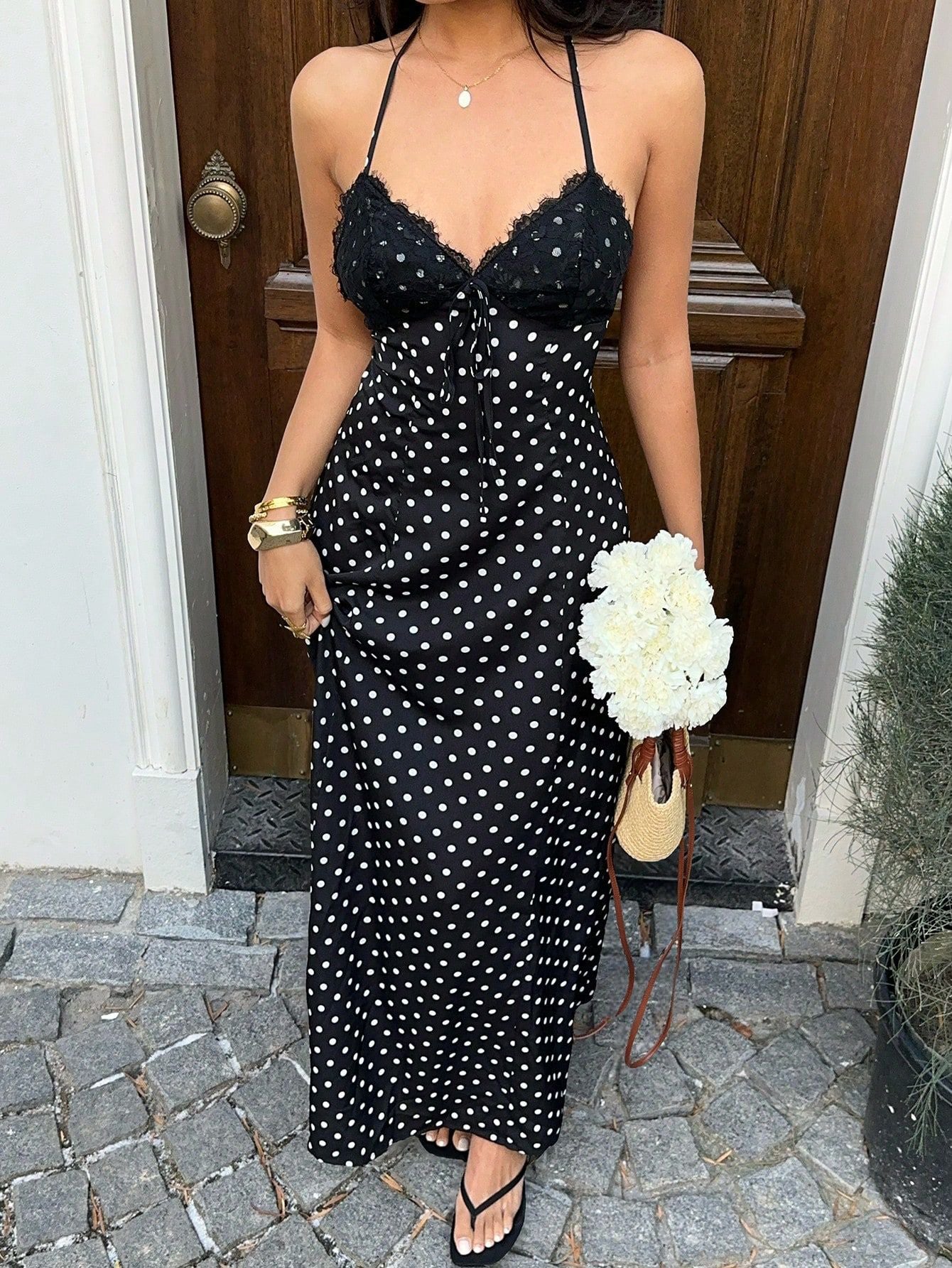 Womens Polka Dot Lace Strap Backless Dress