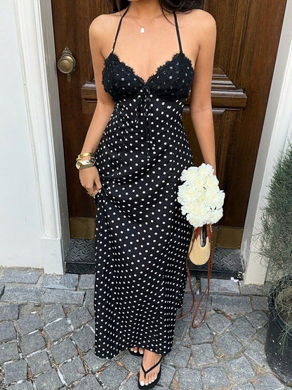 Womens Polka Dot Lace Strap Backless Dress