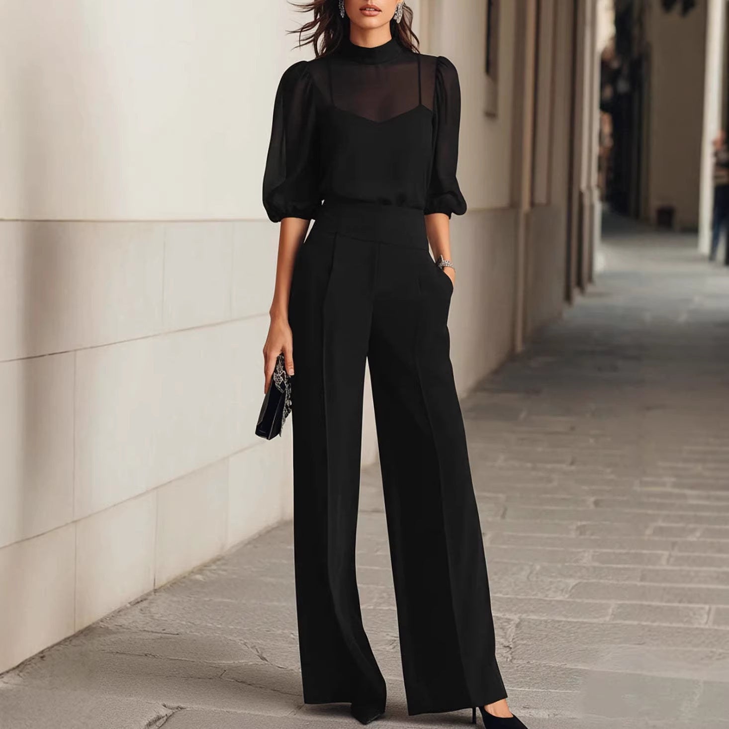 Womens Printed Short Sleeve Wide Leg Pants Set