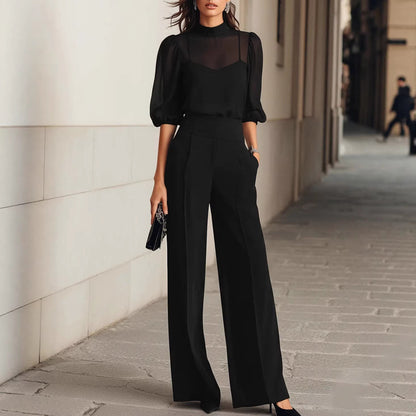 Womens Printed Short Sleeve Wide Leg Pants Set