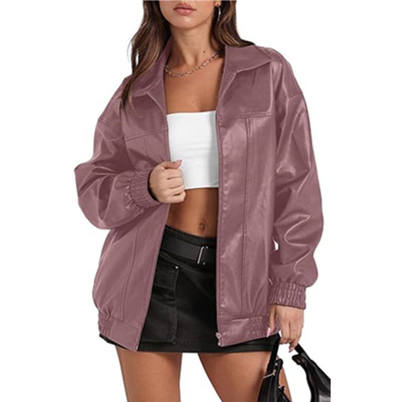 Womens PU Leather Jacket Long Sleeve Lapel Zipper