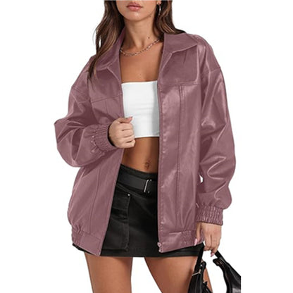 Womens PU Leather Jacket Long Sleeve Lapel Zipper