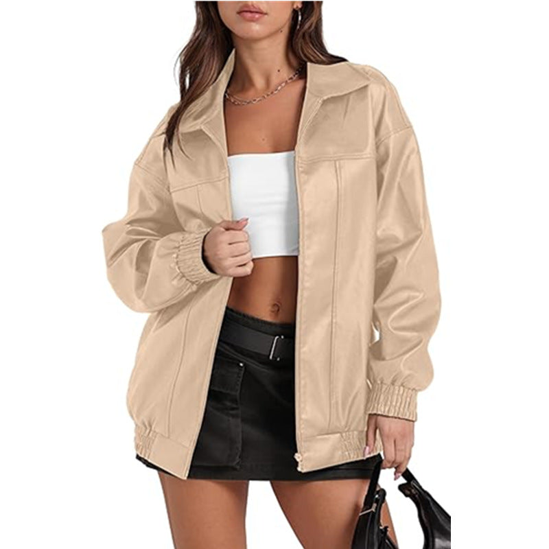Womens PU Leather Jacket Long Sleeve Lapel Zipper
