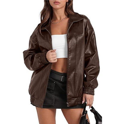 Womens PU Leather Jacket Long Sleeve Lapel Zipper