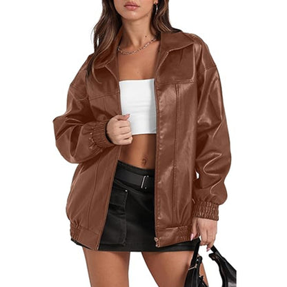 Womens PU Leather Jacket Long Sleeve Lapel Zipper