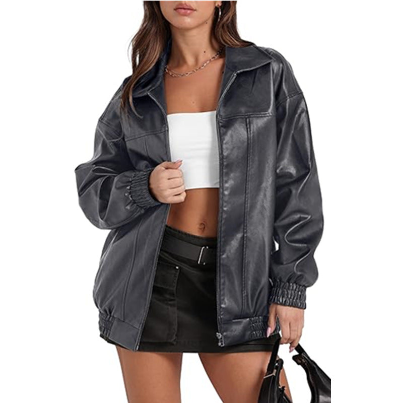 Womens PU Leather Jacket Long Sleeve Lapel Zipper