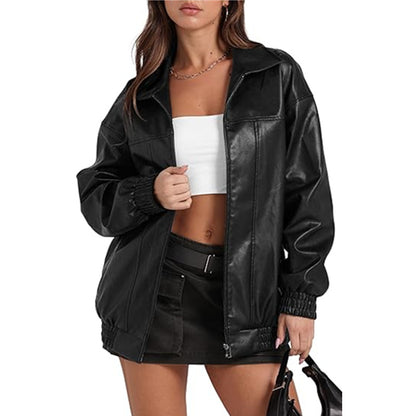 Womens PU Leather Jacket Long Sleeve Lapel Zipper