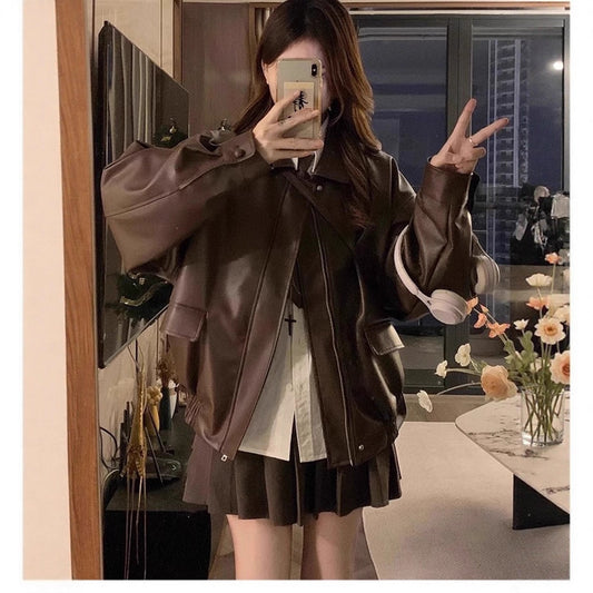 Womens PU Leather Jacket Loose Fit Long Sleeve