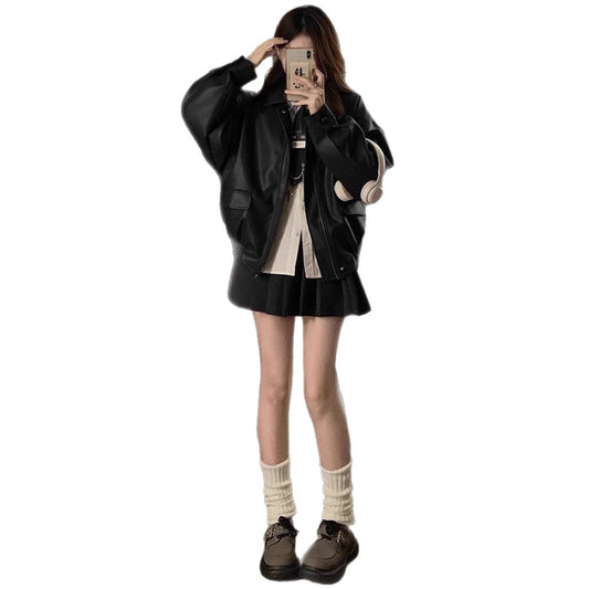 Womens PU Leather Jacket Loose Fit Long Sleeve