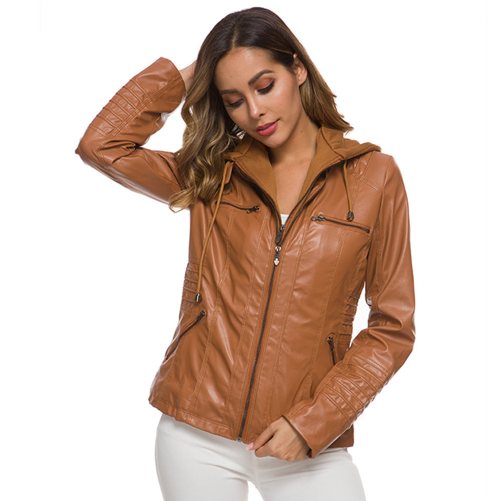 Womens PU Leather Jacket with Notched Lapel