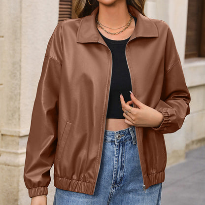 Womens PU Leather Lapel Jacket