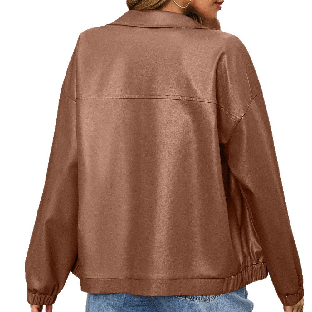 Womens PU Leather Lapel Jacket