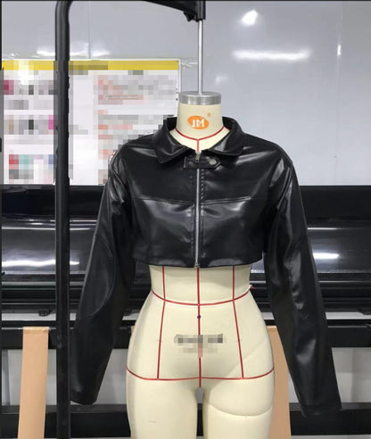 Womens PU Leather Lapel Jacket
