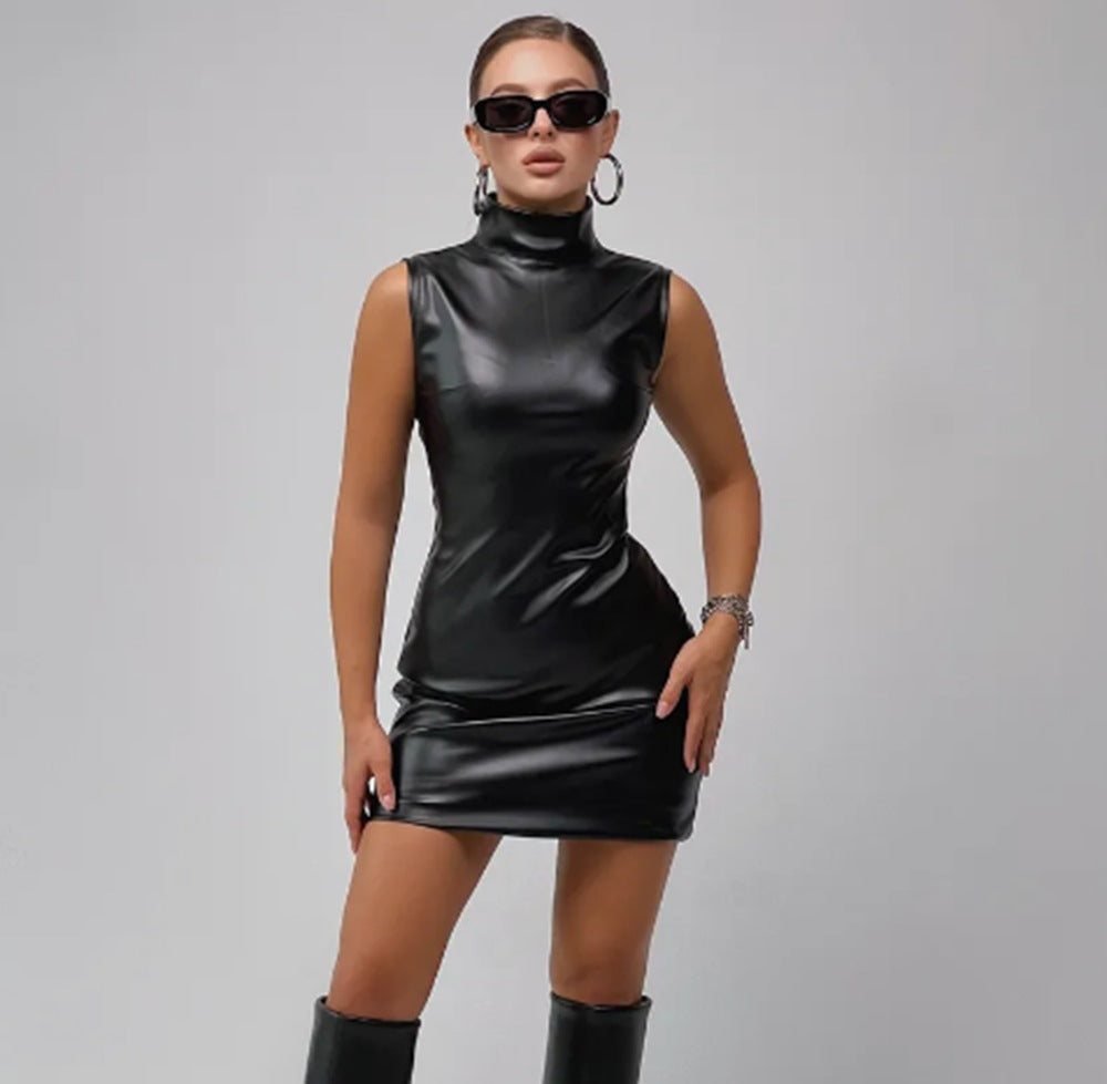 Womens PU Leather Slim Fit Mini Dress