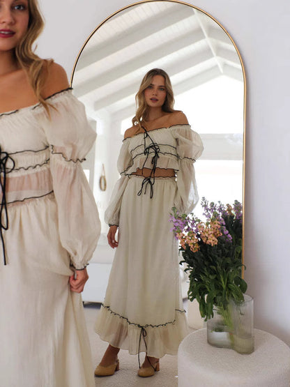Womens Puff Sleeve Dress and Skirt Set