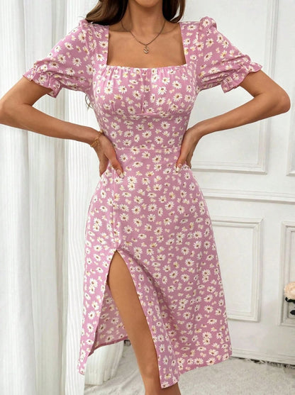 Womens Puff Sleeve Floral Dress