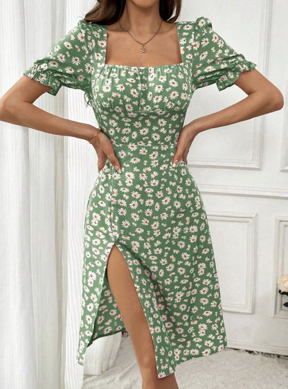Womens Puff Sleeve Floral Dress