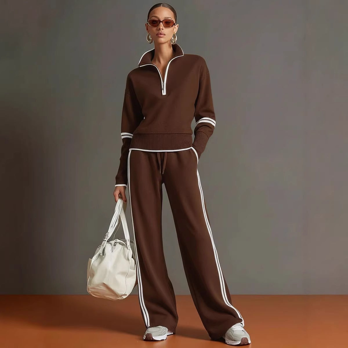 Womens Pull Chain Wide Leg Tracksuit Set