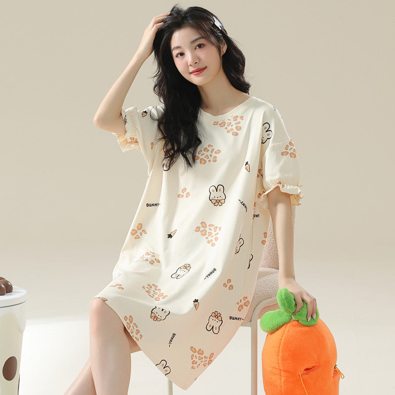 Womens Pure Cotton Nightgown Short Sleeve Round Neck Sleepwear