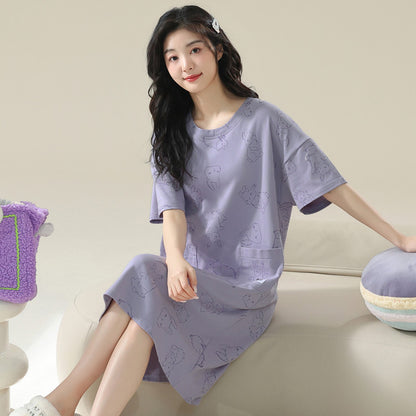 Womens Pure Cotton Nightgown Short Sleeve Round Neck Sleepwear