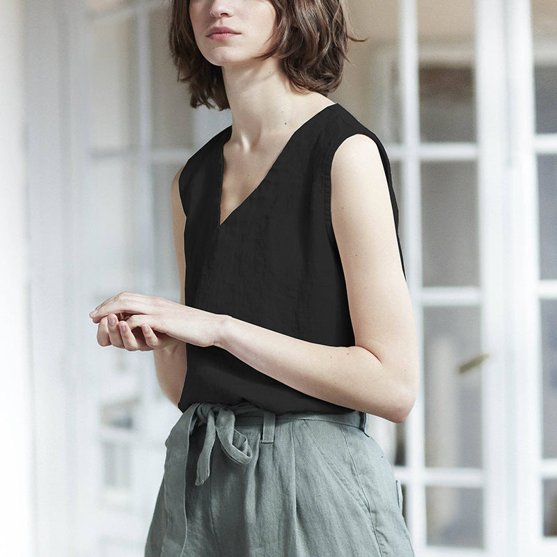 Womens Pure Linen V Neck Sleeveless Vest