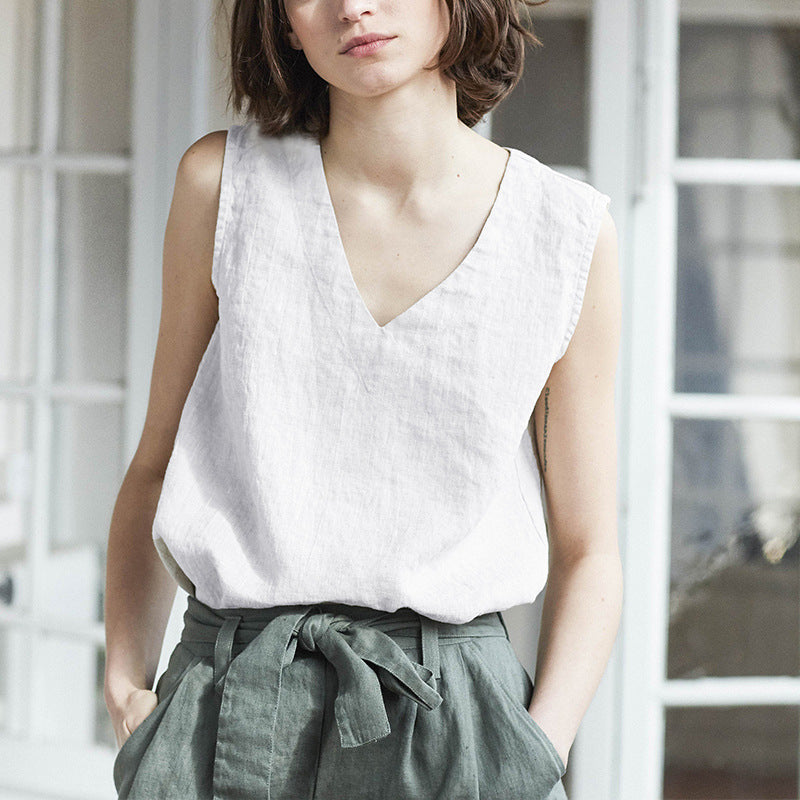 Womens Pure Linen V Neck Sleeveless Vest