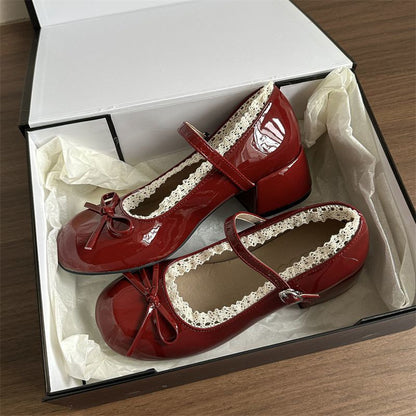 Womens Red Mary Jane Ballet Flats with Bow