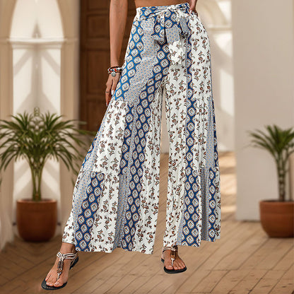 Womens Retro Floral Print Wide Leg Pants with Tie Waist