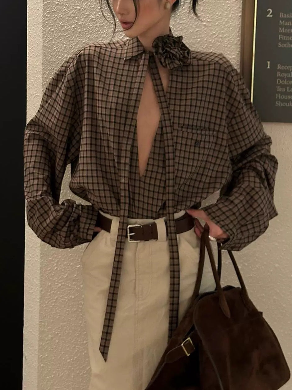 Womens Retro Plaid Long Sleeve Shirt