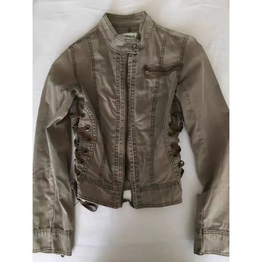 Womens Retro Stand Collar Denim Jacket
