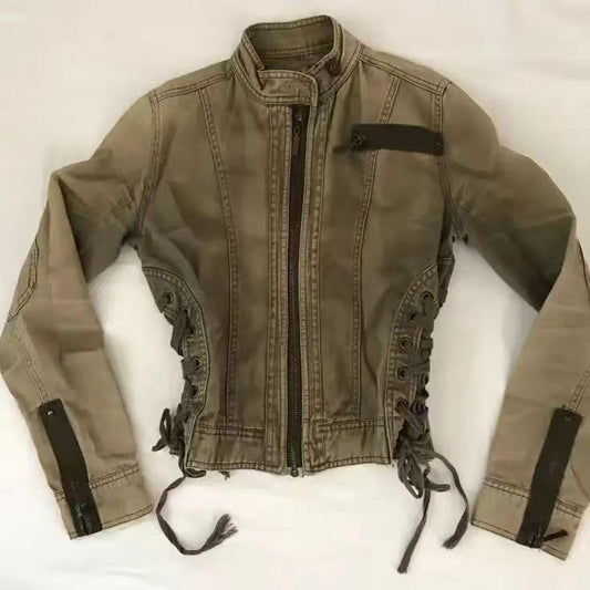 Womens Retro Stand Collar Denim Jacket