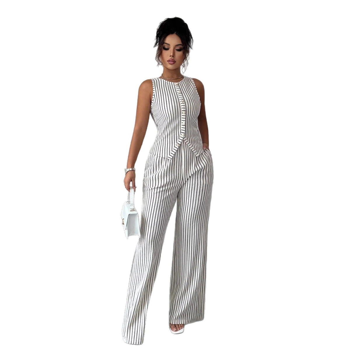 Womens Retro Striped Vest and Wide-Leg Pants Set