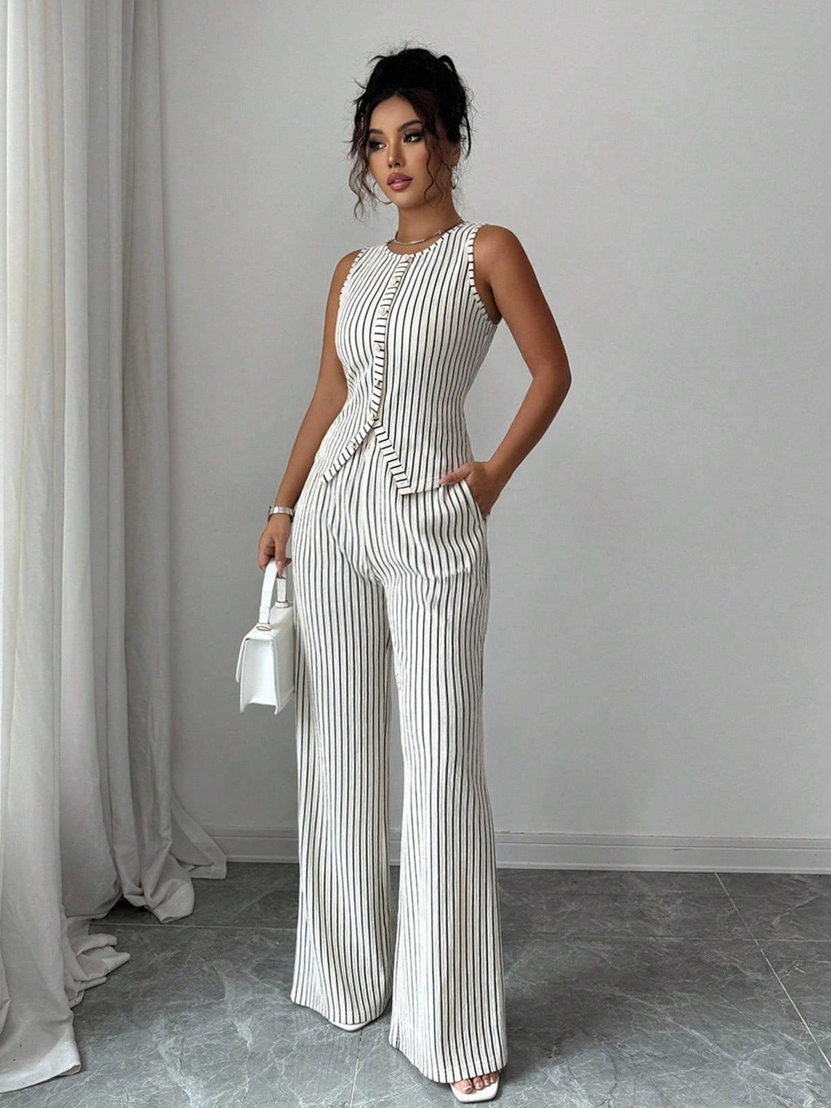 Womens Retro Striped Vest and Wide-Leg Pants Set
