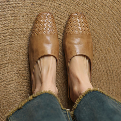Womens Retro Woven Leather Slip-On Slippers